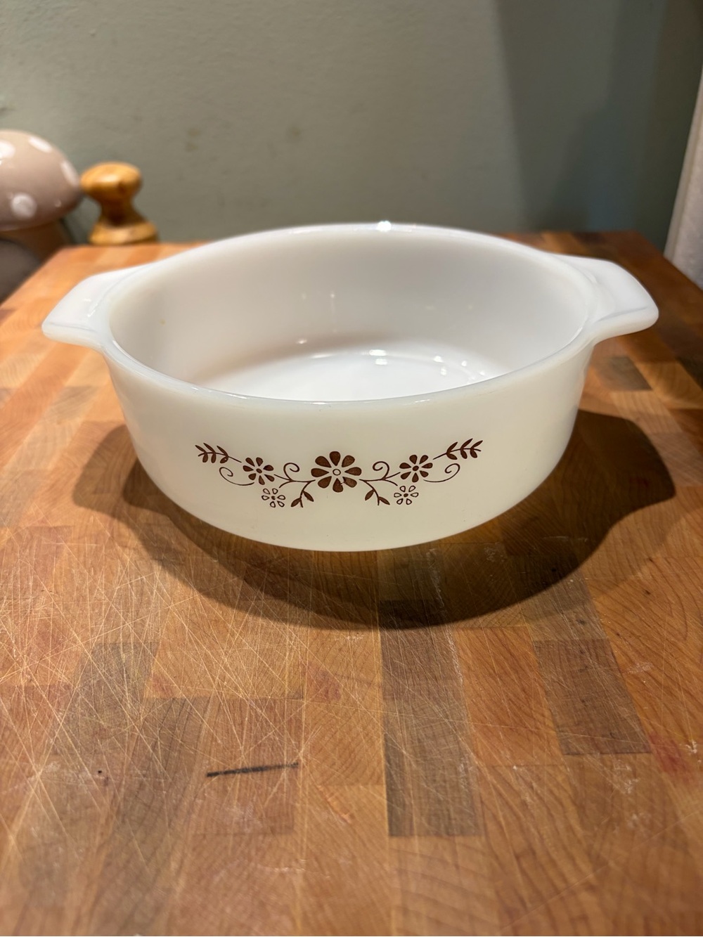 White Floral Milk Glass Baking Dish with Brown Flower Motif